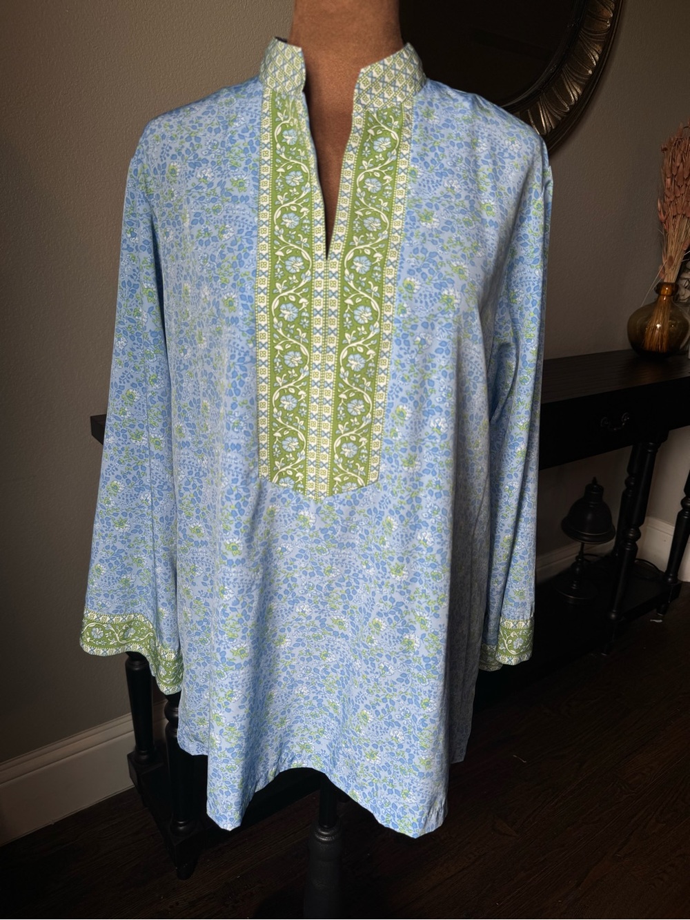 Oscar de la Renta Light Blue and Green Floral Ditzy Tunic Medium